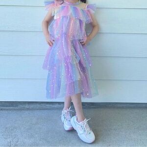 beautiful rainbow tulle dress with gold stars